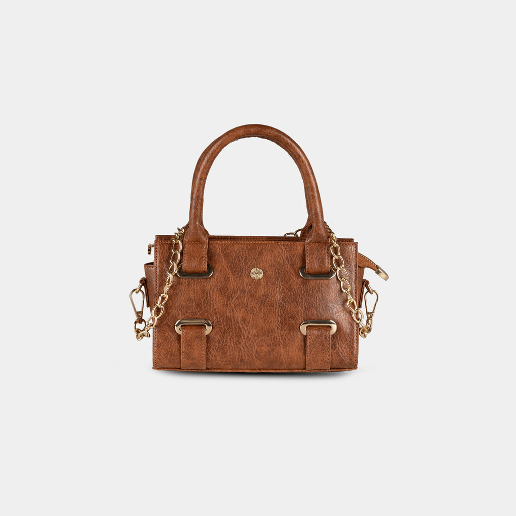 Detachable gold chain strap detail on light brown Lumière mini bag