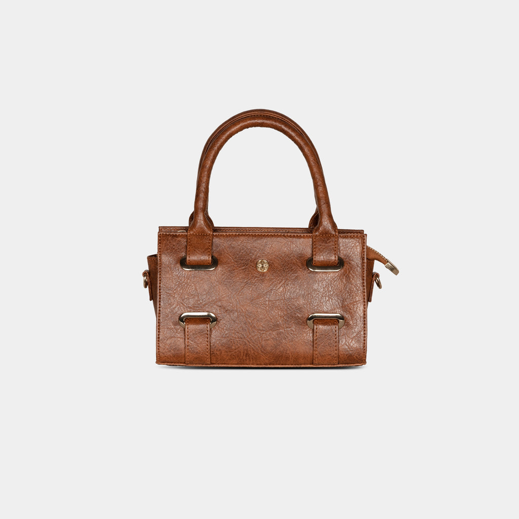 Purpleberry Lumière mini top-handle party bag in light brown textured faux leather – front view with gold hardware