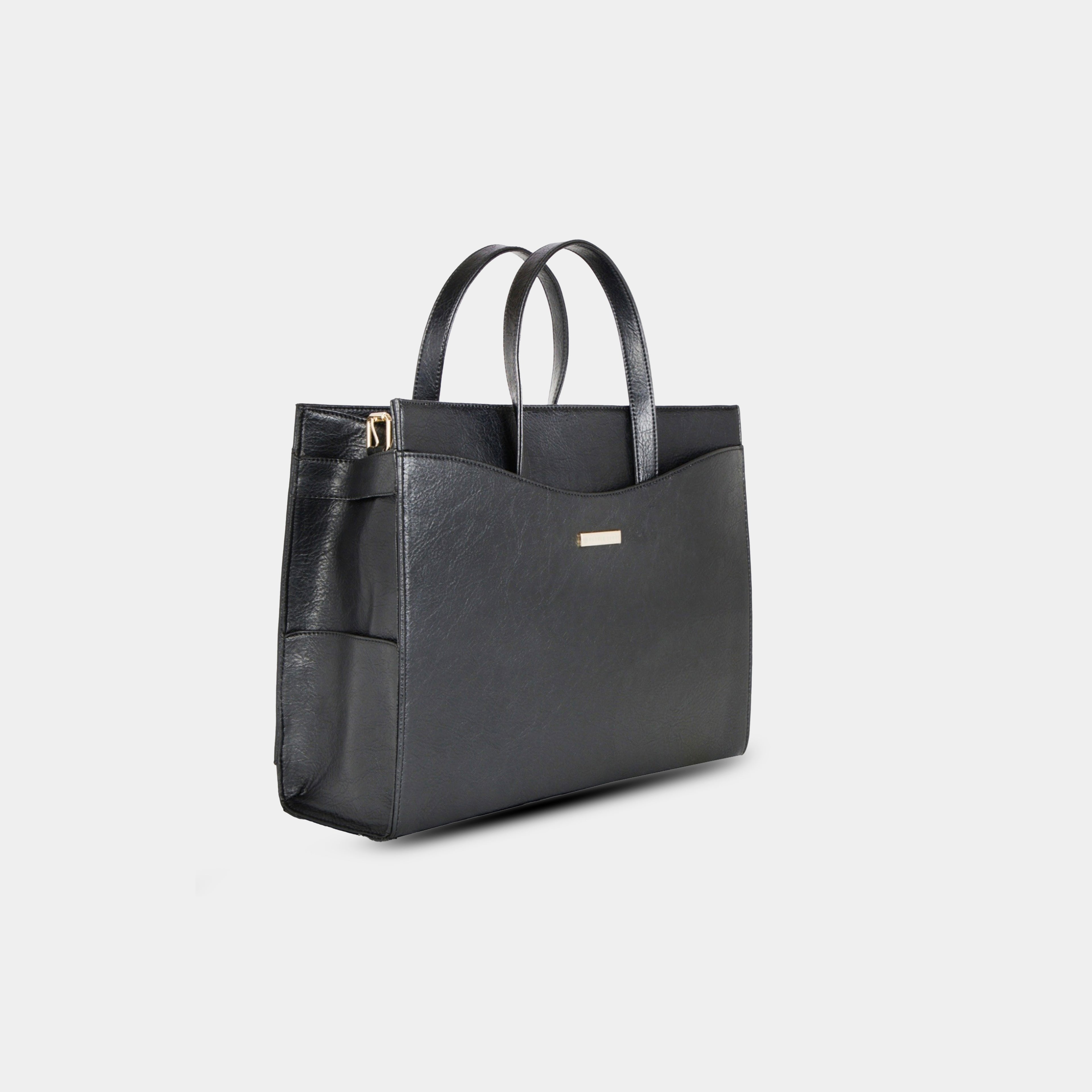 Side profile of black vegan leather laptop bag