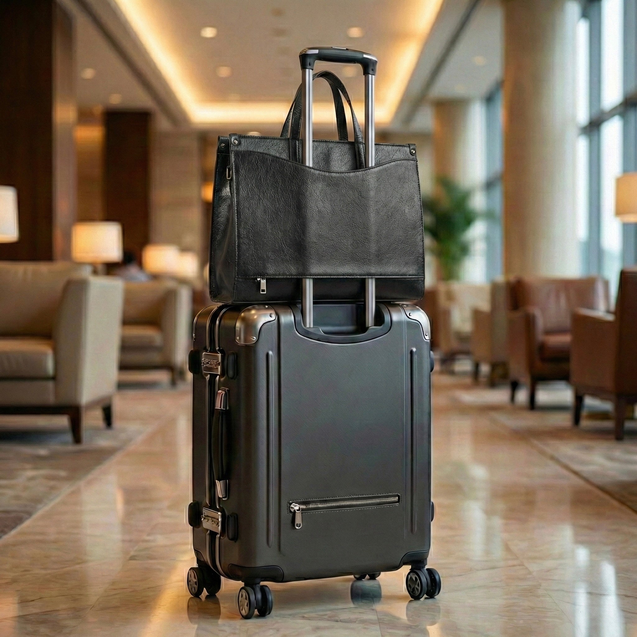 Travel trolley sleeve attached to luggage handle Black Anie tote bag