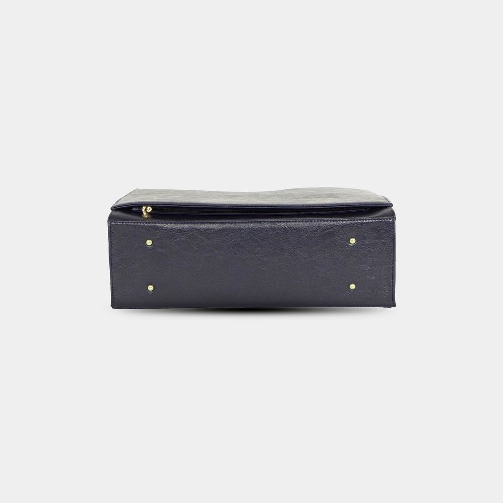 Purpleberry Bottom base of blue vegan leather work bag