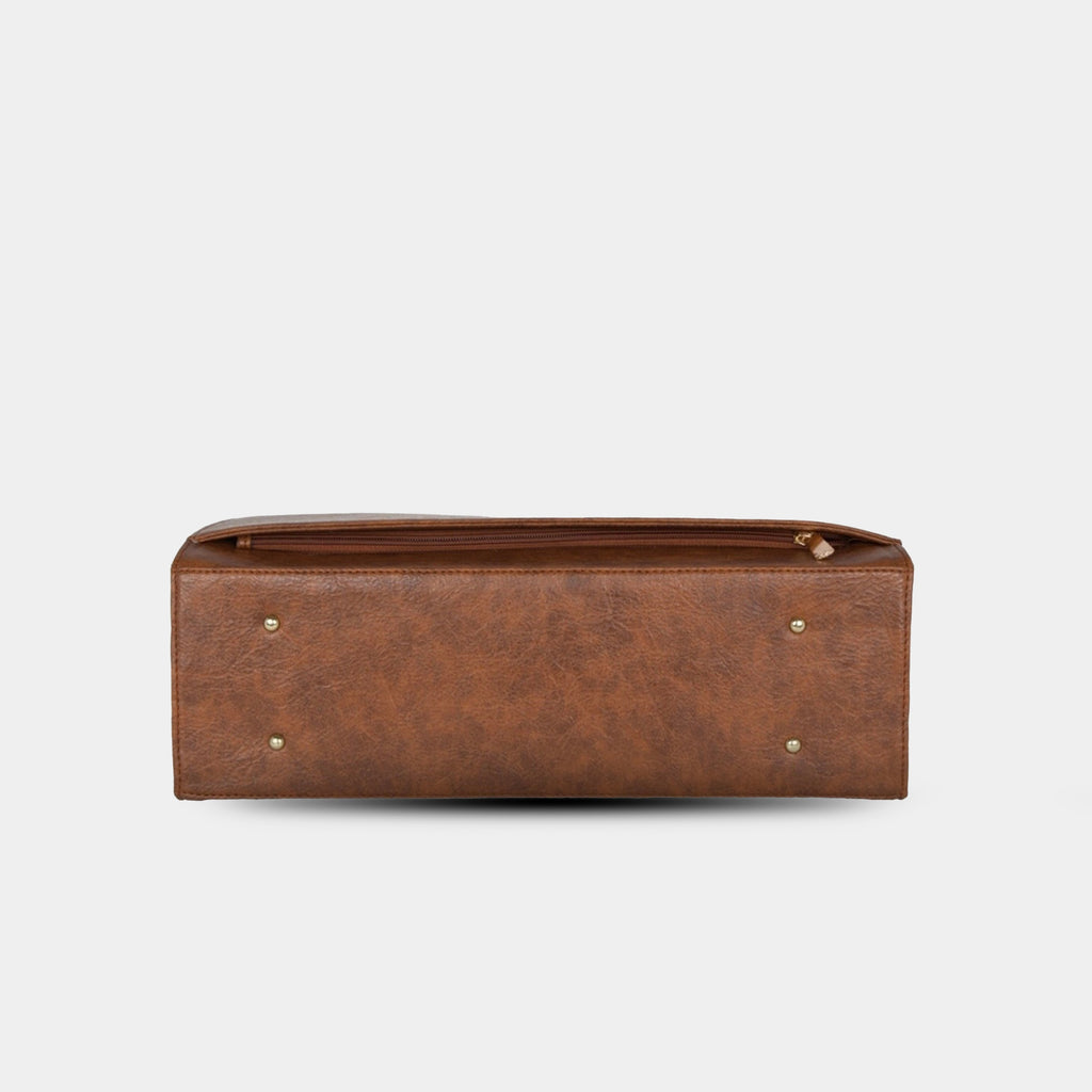 Bottom base of brown vegan leather work bag