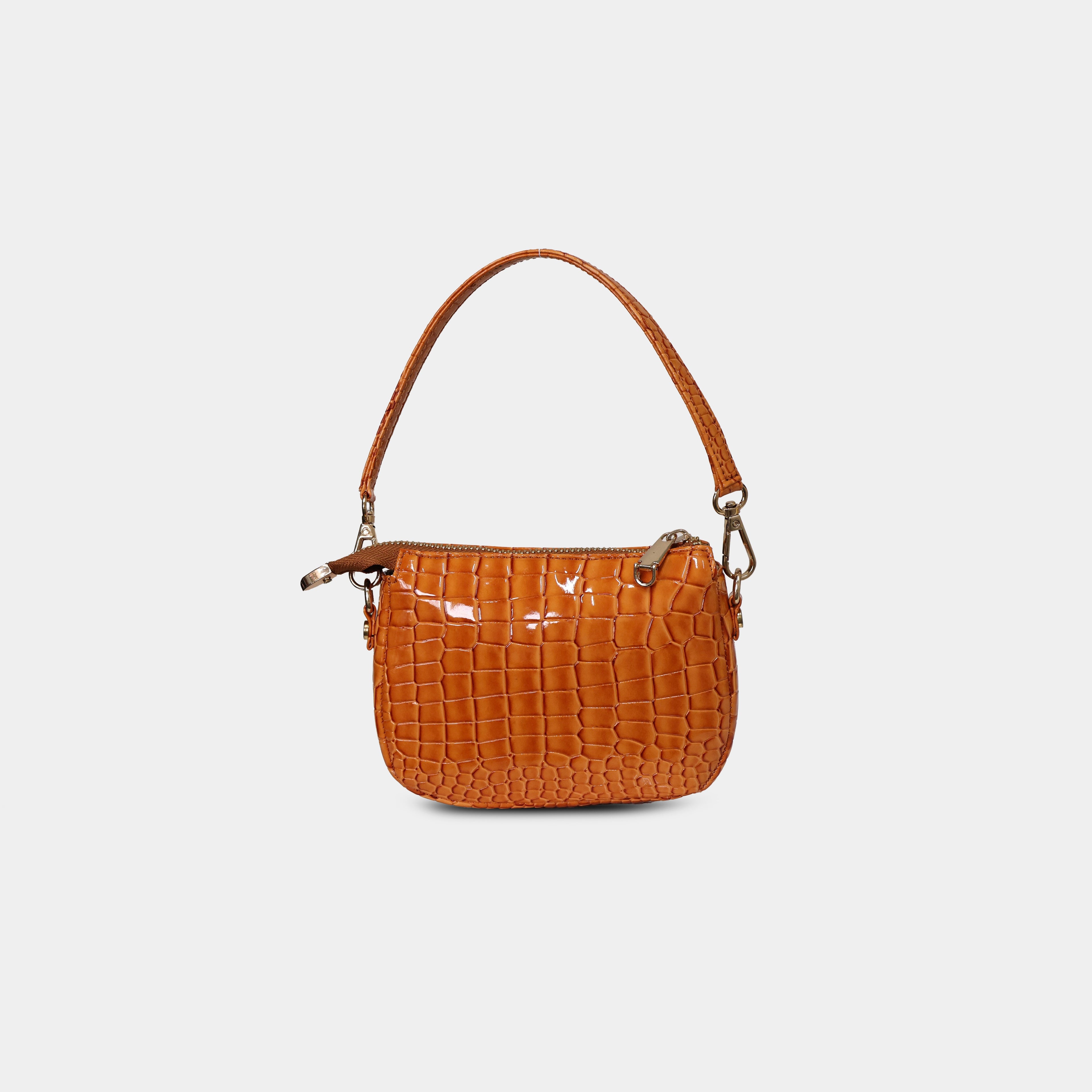 Back view of Purpleberry Aria orange croc embossed mini handbag with smooth finish
