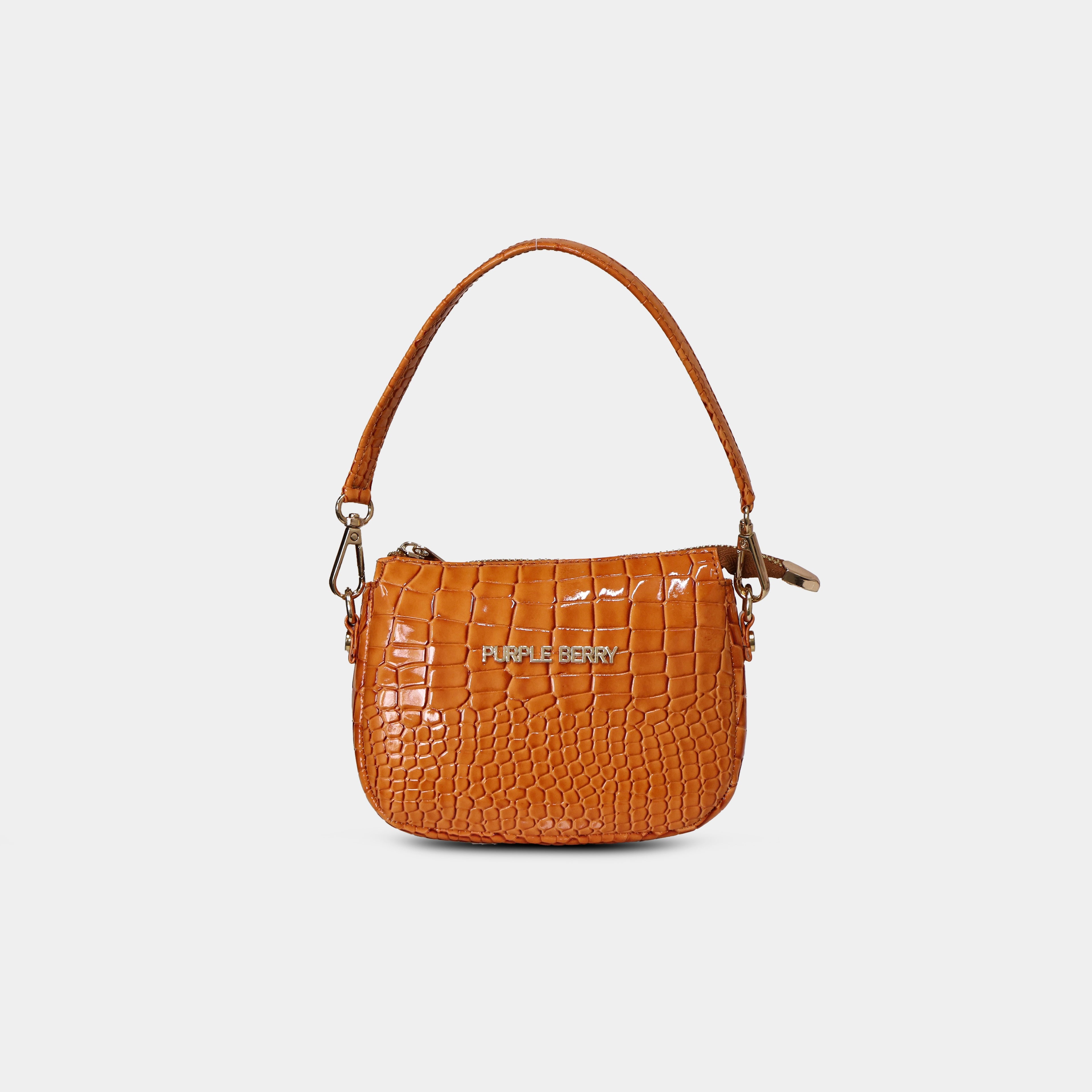 Purpleberry Aria mini bag in orange croc embossed faux leather front view with structured shoulder strap