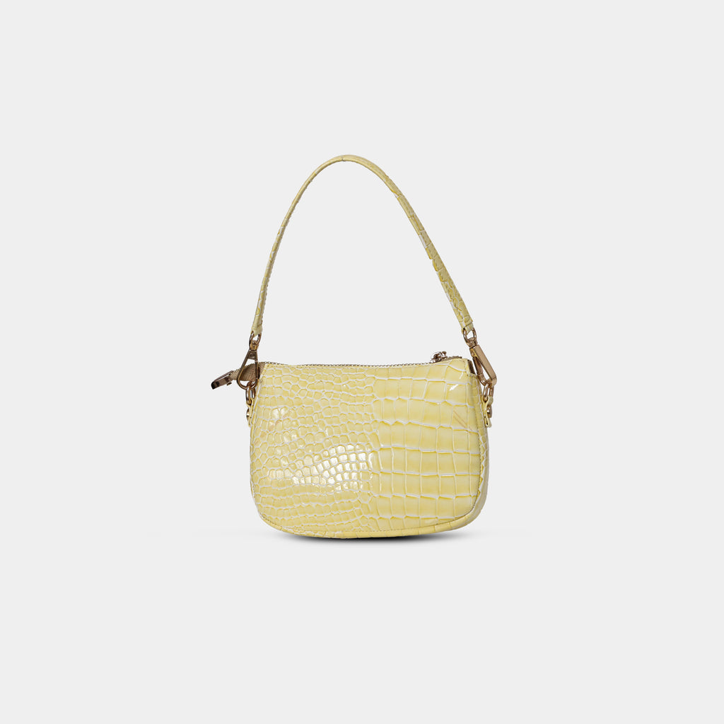 Back view of Purpleberry Aria yellow mini party bag in croc embossed texture