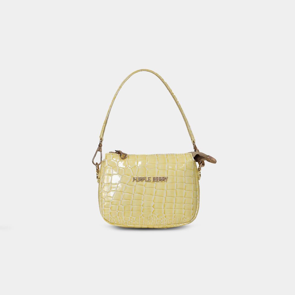 Purpleberry Aria mini bag in yellow croc embossed faux leather front view