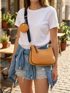Model wearing orange Bili denim sling bag crossbody style showing casual daily outfit styling