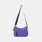 Back view of purple Bili denim sling bag featuring zipper pocket and clean stitching