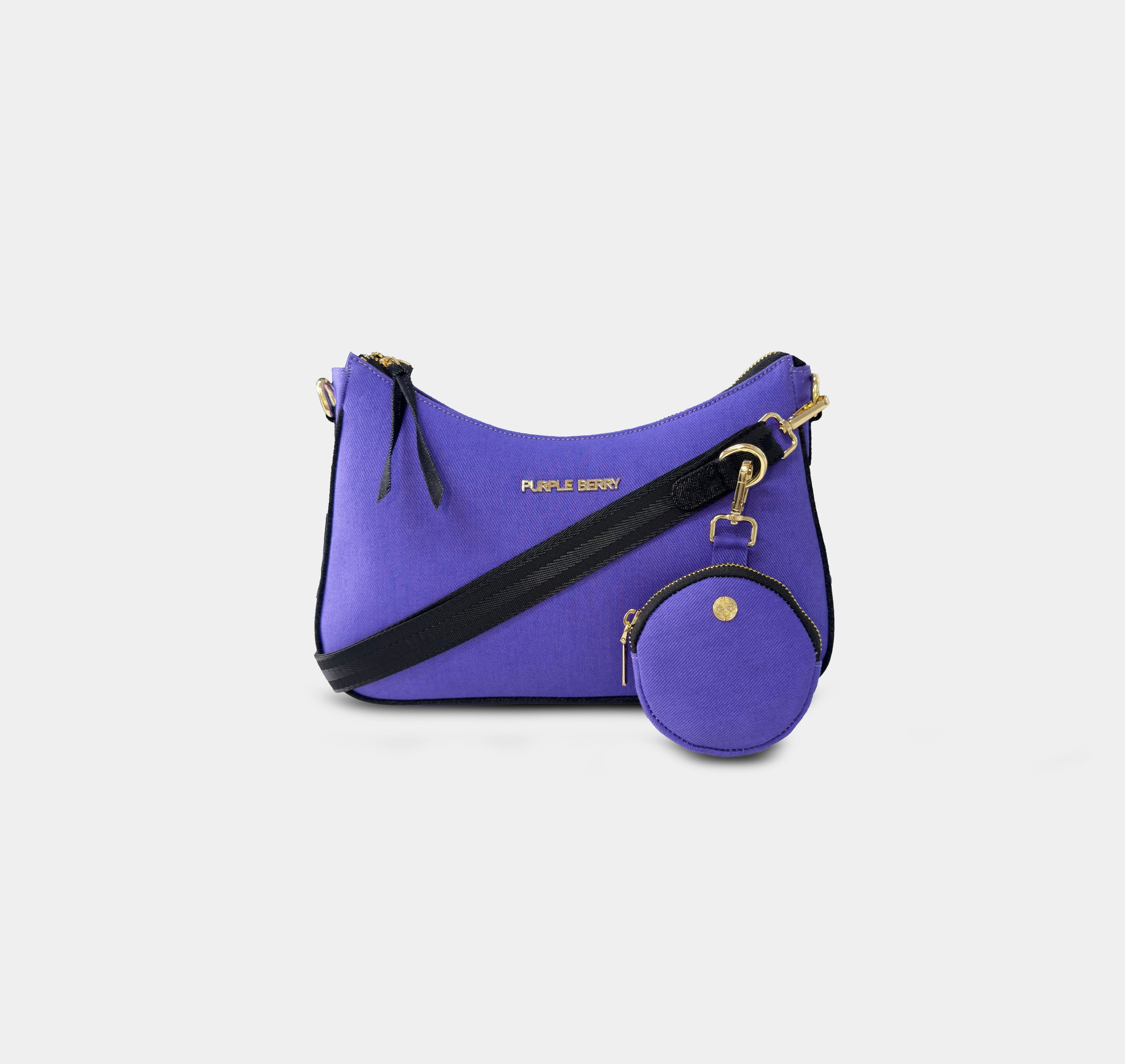 Purple Bili denim sling bag with detachable coin pouch and adjustable crossbody strap