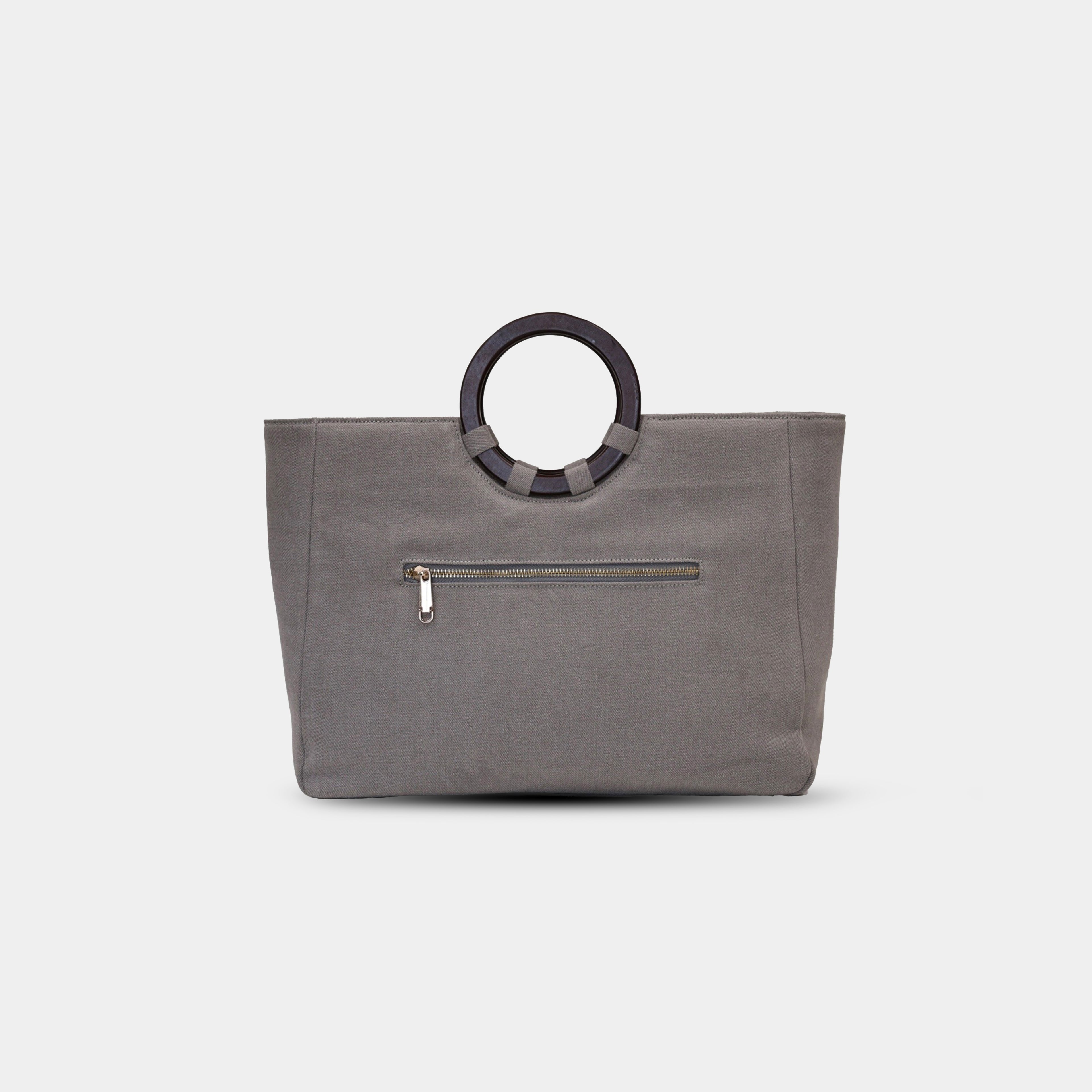 Back view of grey denim office tote with zipper pocket