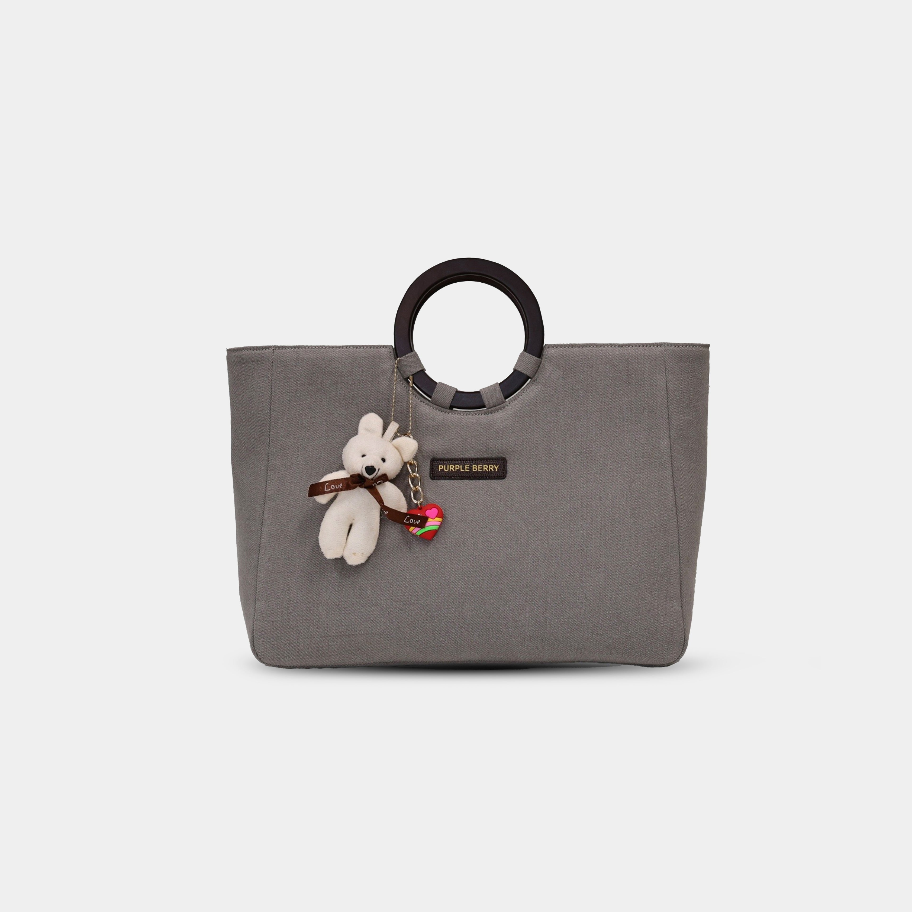 Front view of grey denim office tote with structured design