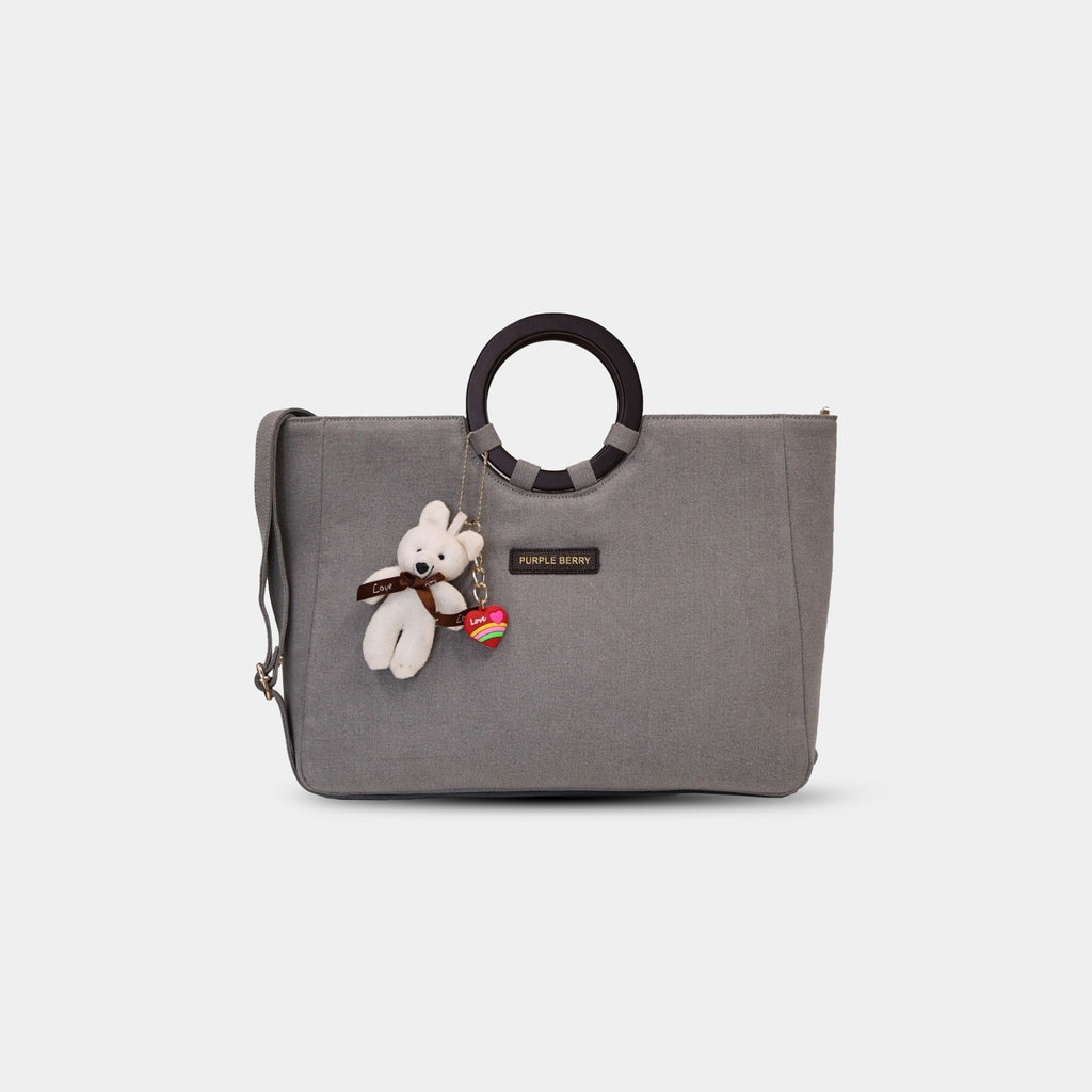 Grey Dima denim office tote with round ring handles and teddy charm