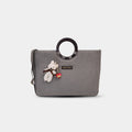 Grey Dima denim office tote with round ring handles and teddy charm