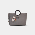 Grey Dima denim office tote with round ring handles and teddy charm