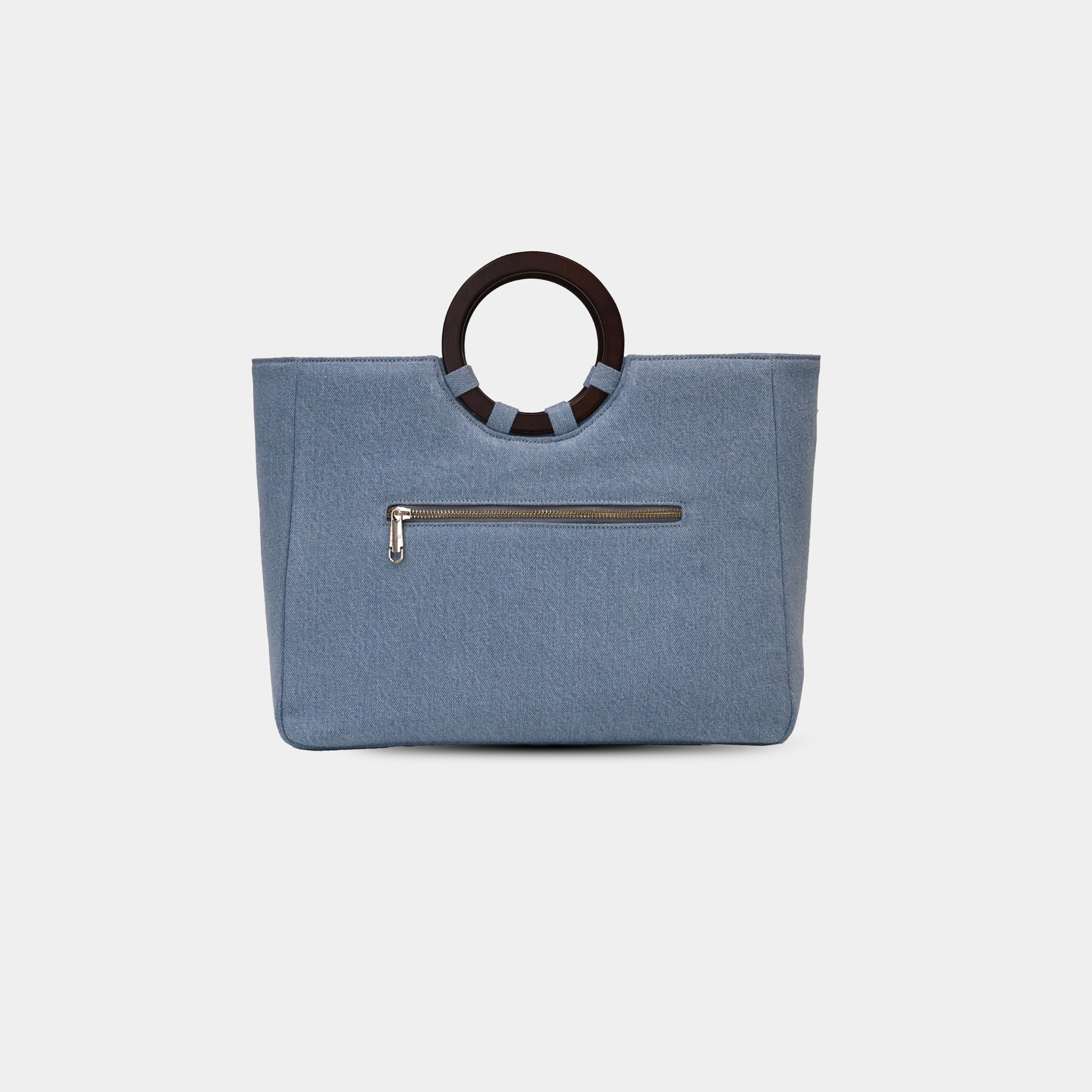 Back view of light blue denim office tote with zipper pocket detail