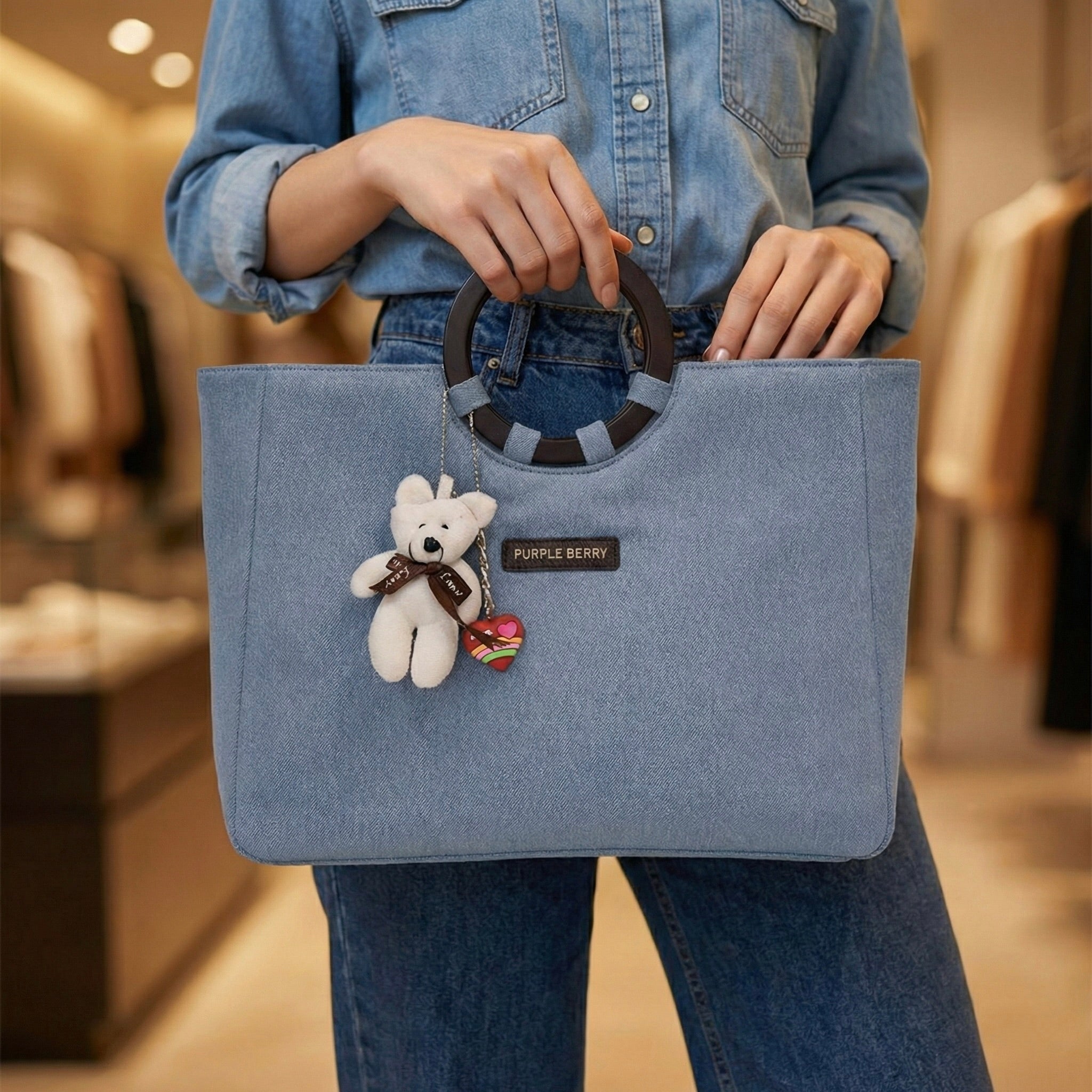 Woman holding light blue denim office tote by ring handles
