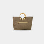 Back zipper pocket detail on mocha mousse denim office tote