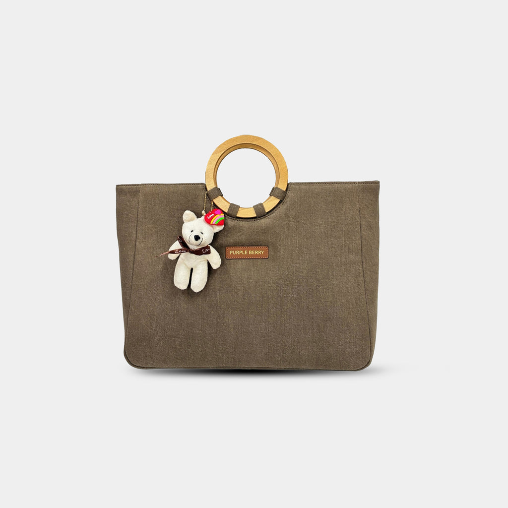Mocha mousse Dima denim office tote with teddy bear charm