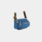 Purpleberry Fehu blue denim sling bag with wide leopard print crossbody strap