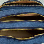 Front zipper pocket detail of Purpleberry Fehu blue denim sling bag