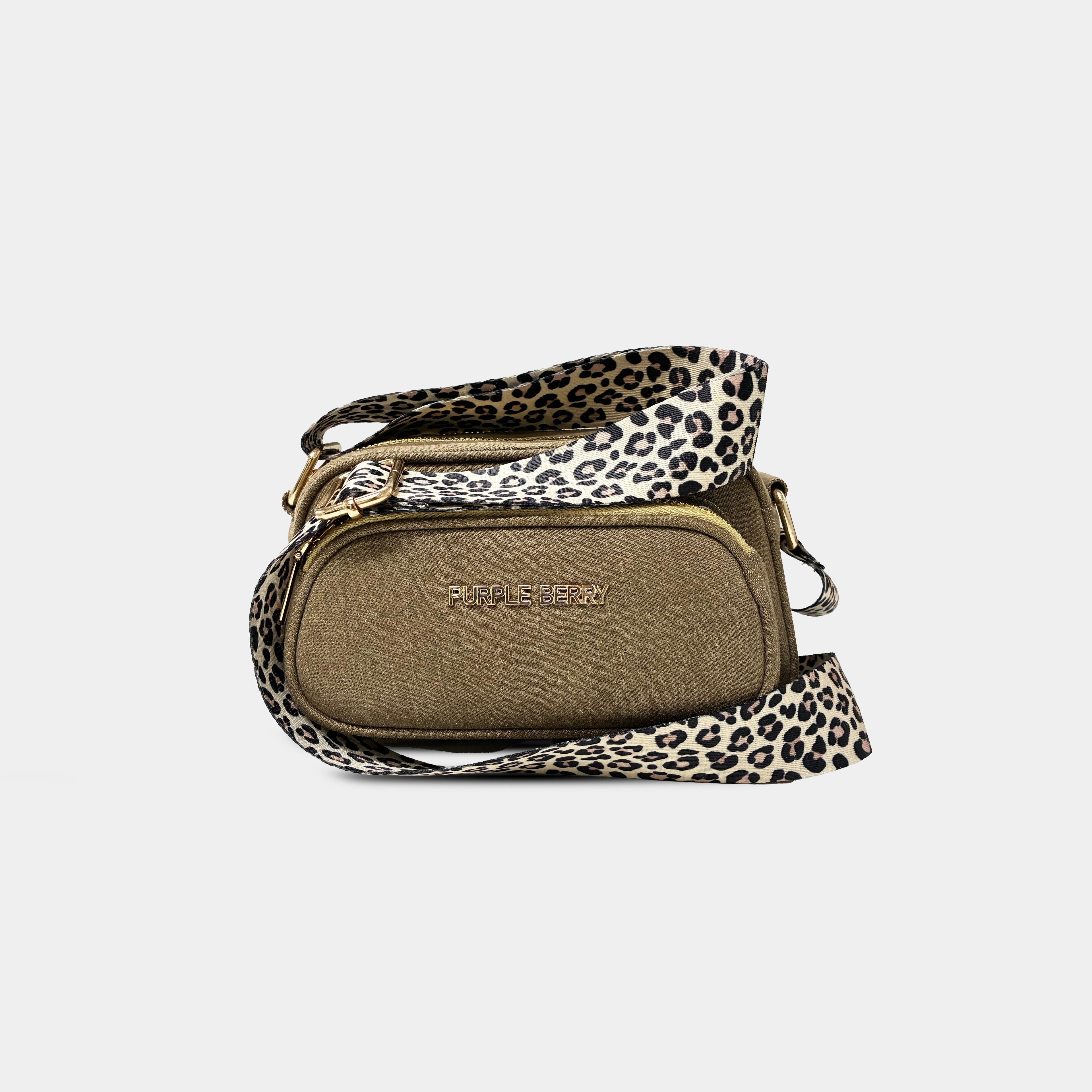 Purpleberry Fehu denim sling bag in brown wash with leopard print strap front view