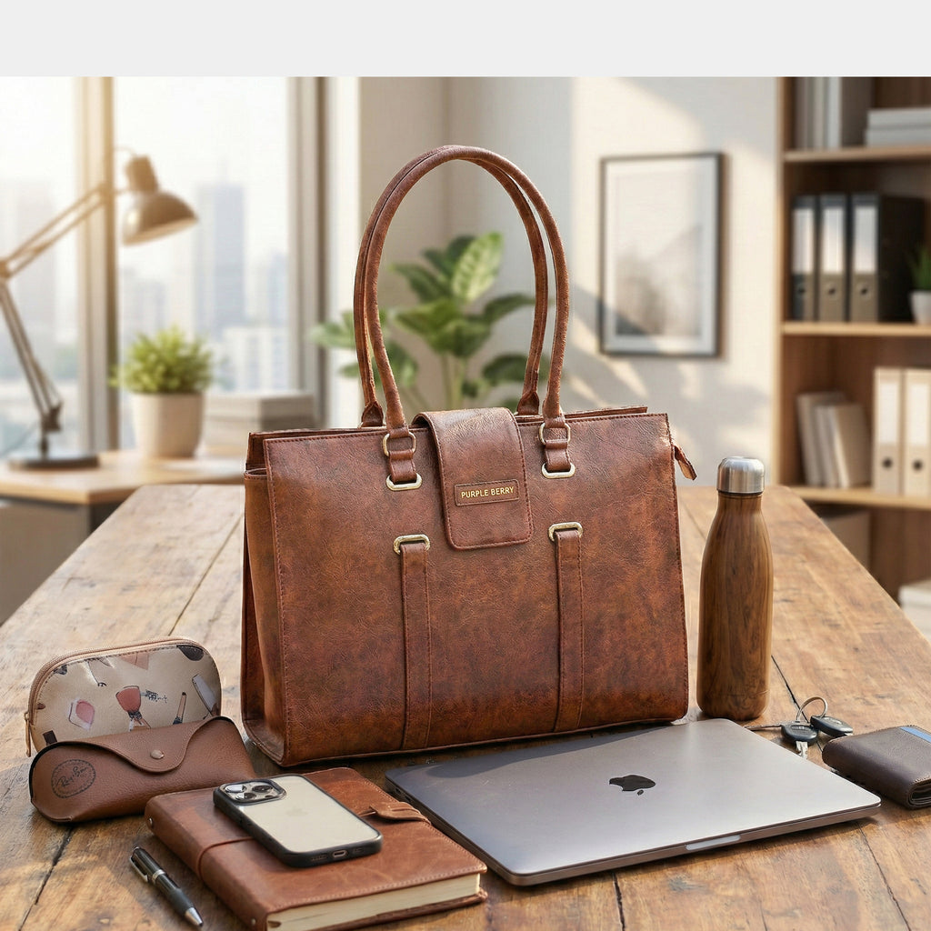 brown model office tote bag  placed on  desk overview shot