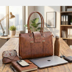 brown model office tote bag  placed on  desk overview shot