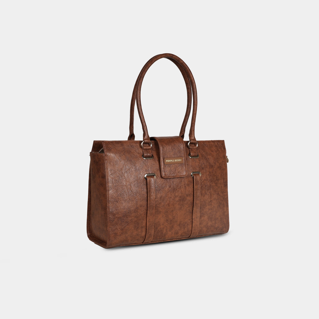 Side view of vegan leather office tote bag fitting 16 inch laptop