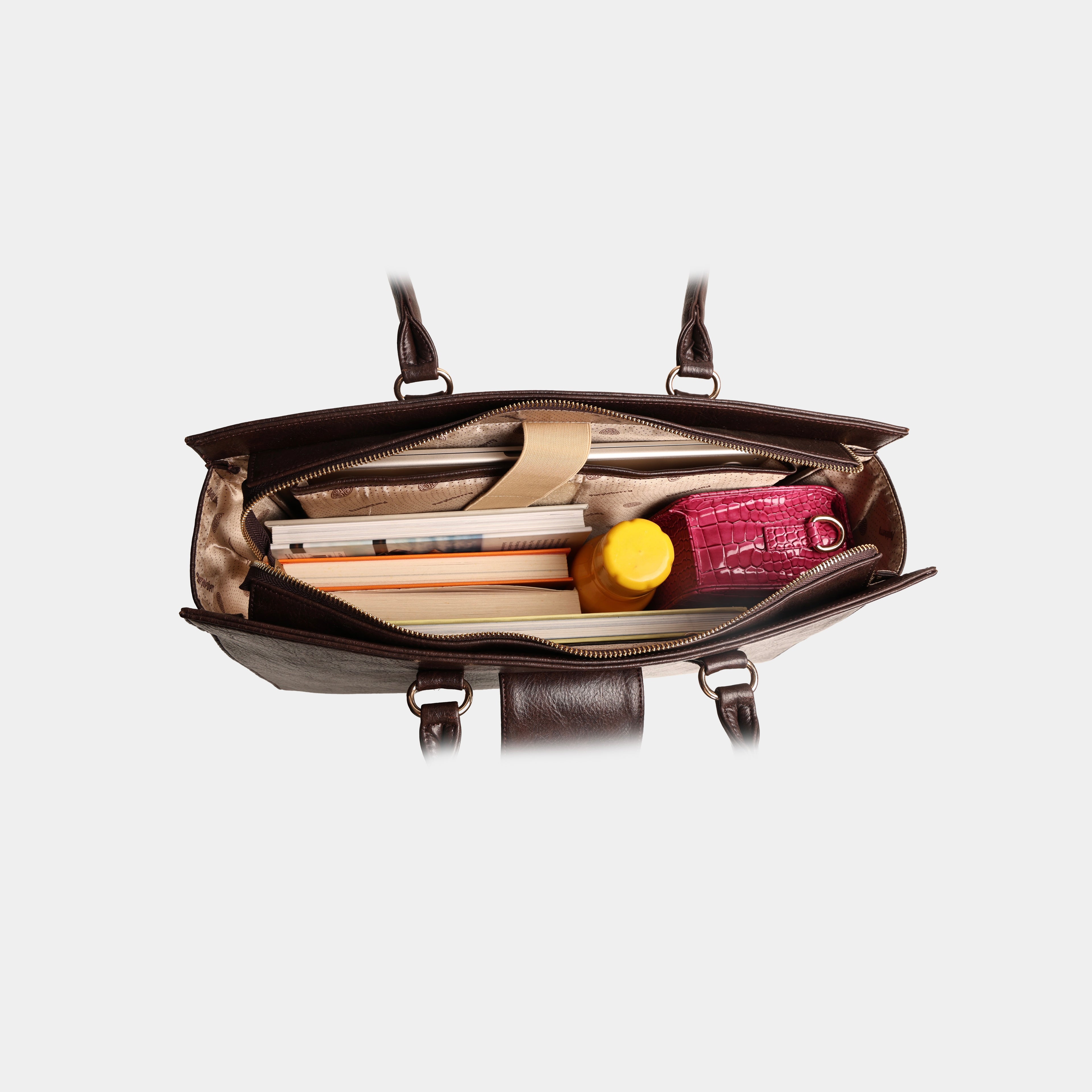 Interior view showing padded 16 inch office laptop bag sleeve with velcro strap and books wallet and water bottle