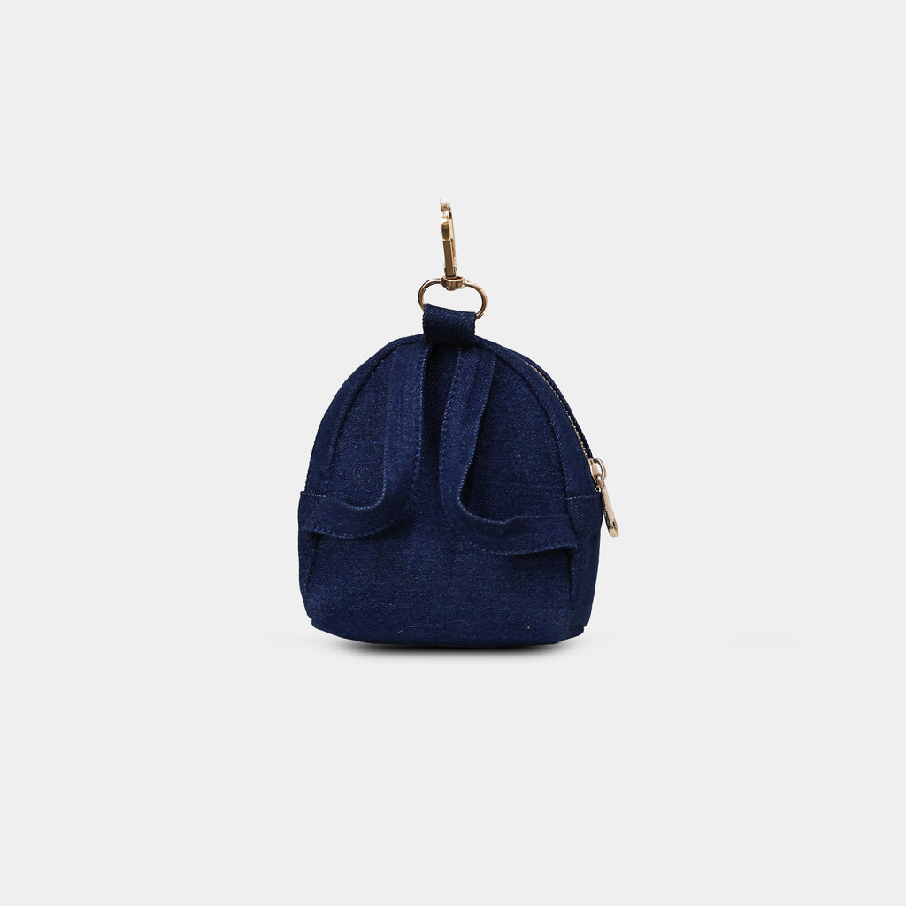 Back view of Purpleberry Indigo blue denim mini backpack pouch