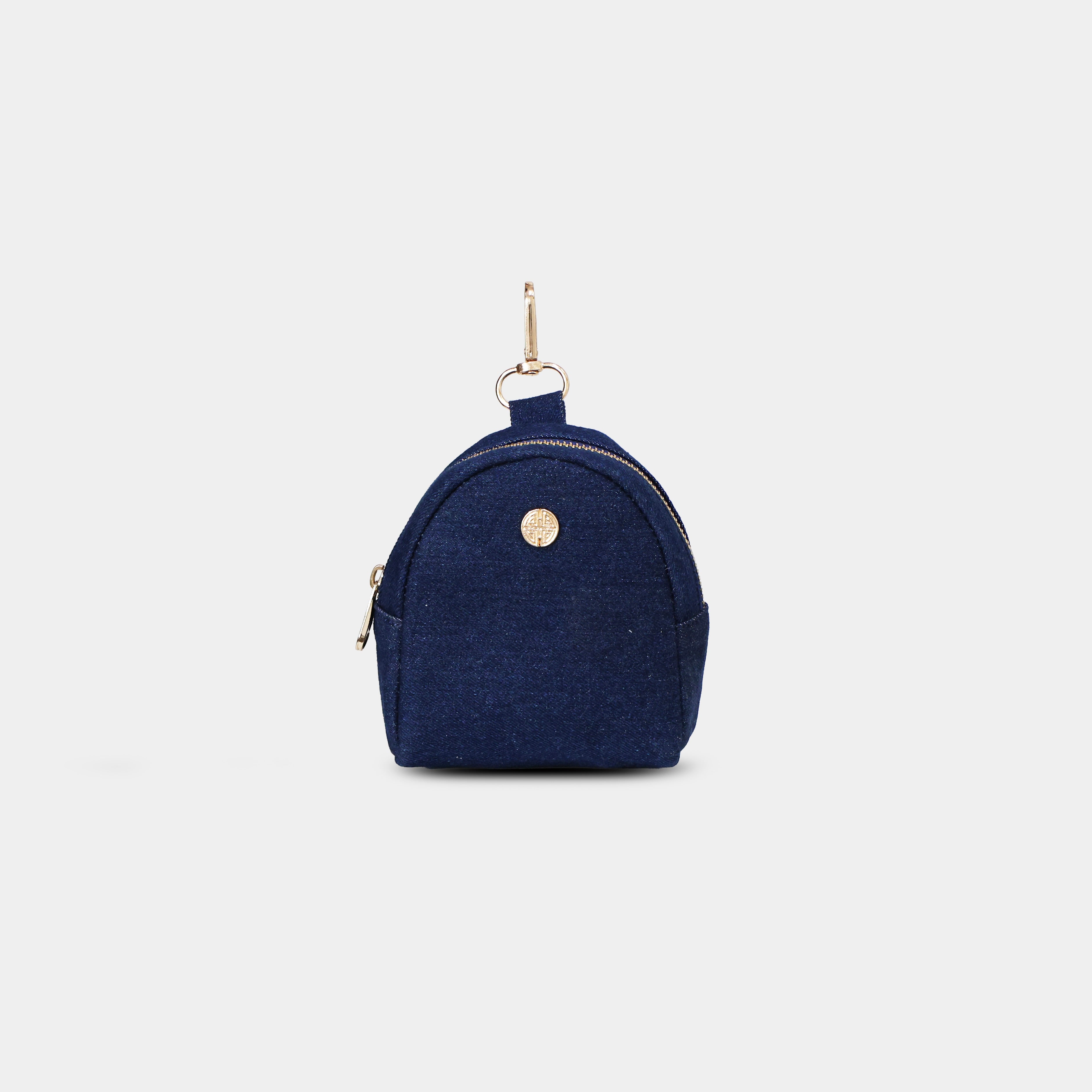 Purpleberry Indigo micro backpack pouch in blue denim front view