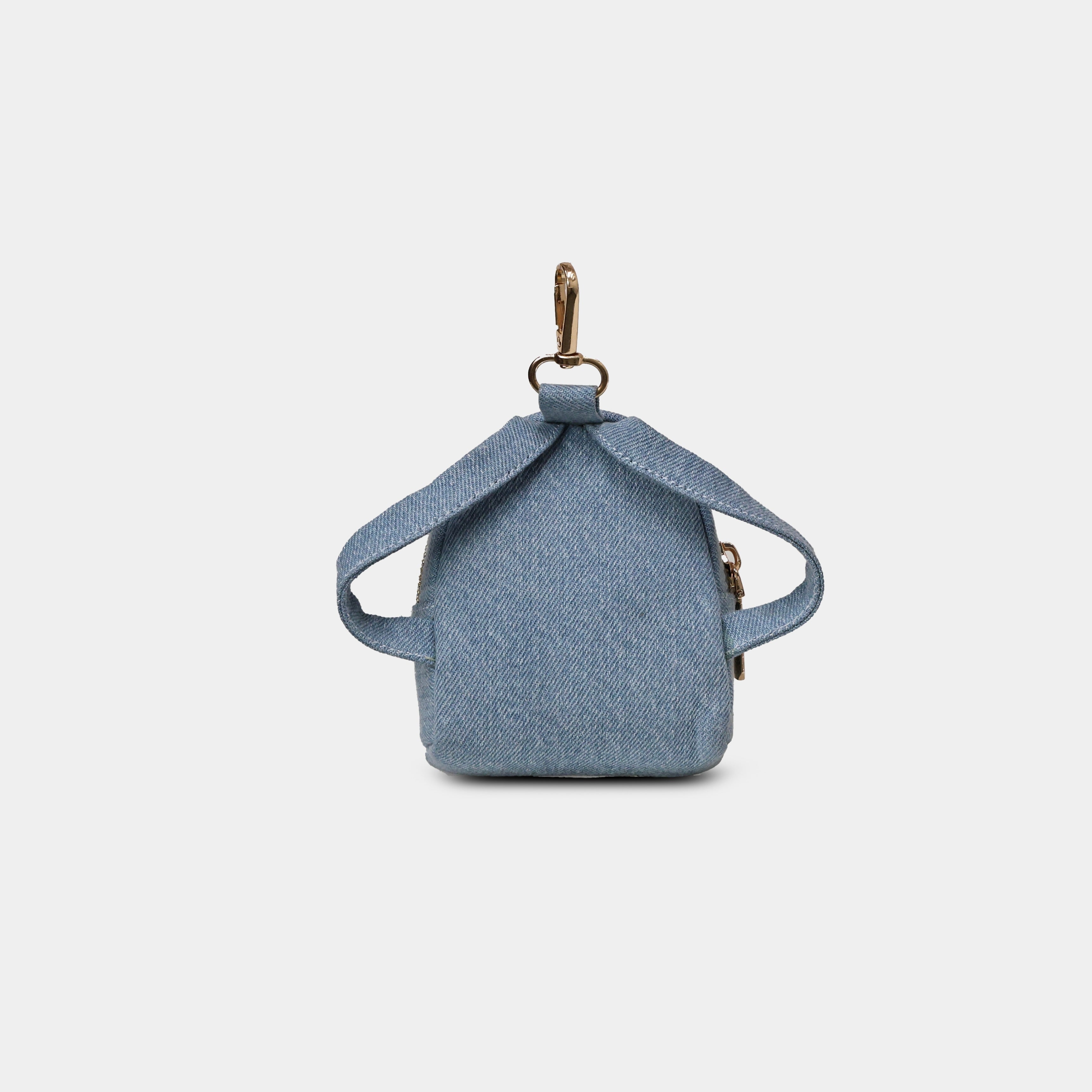 Back view of Purpleberry Indigo light blue denim mini backpack pouch