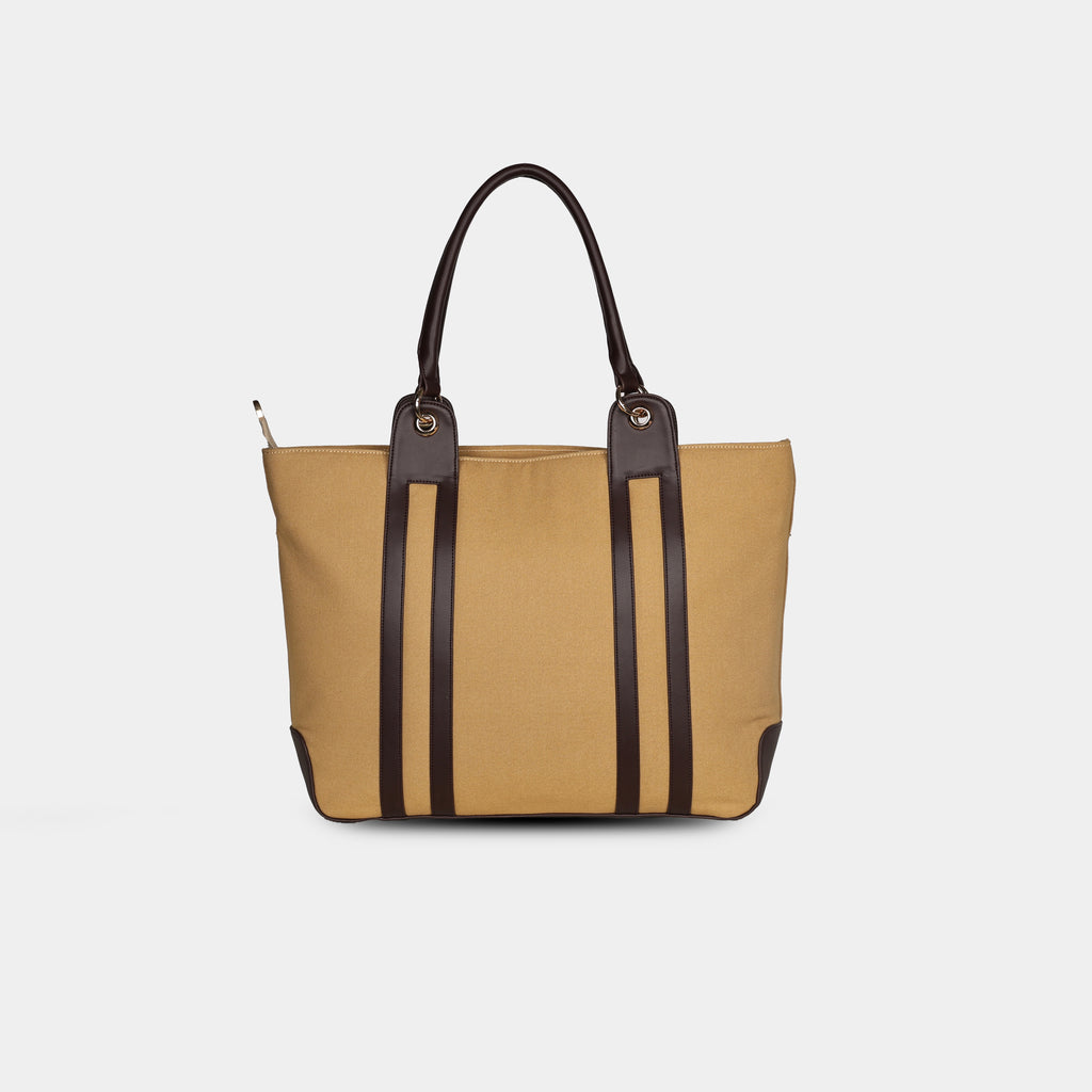 Back view of beige canvas shoulder tote for office use