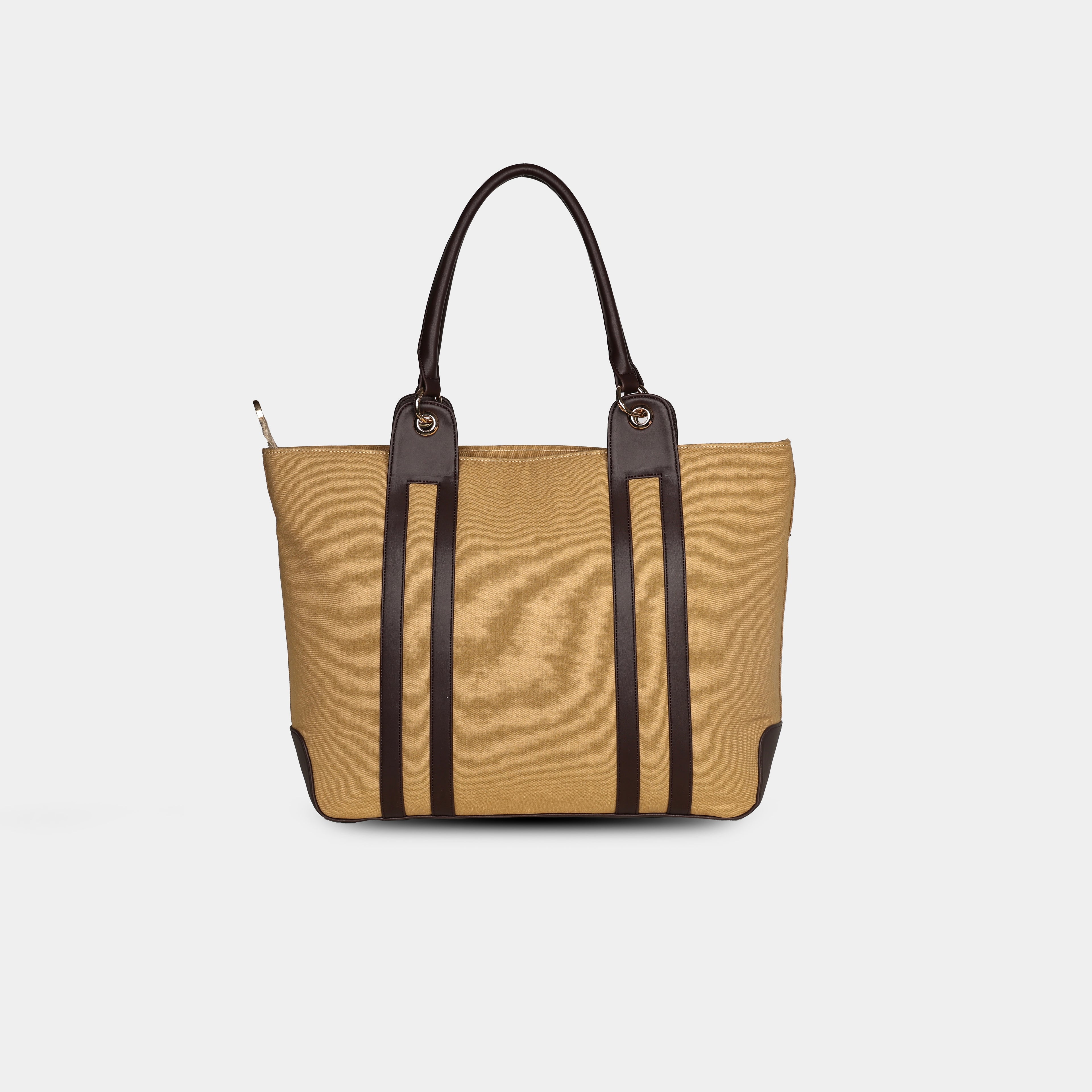 Back view of beige canvas shoulder tote for office use
