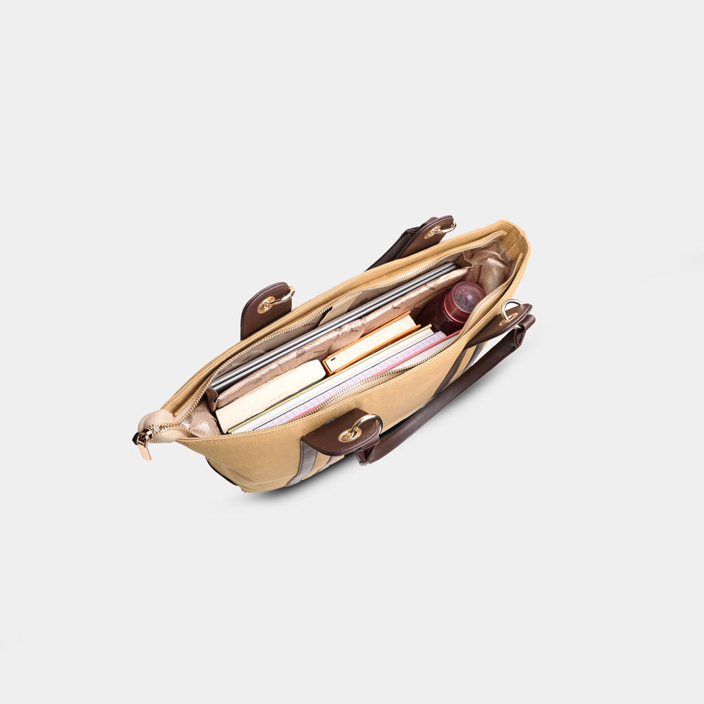 Beige canvas work tote holding up to 15.5 inch laptop