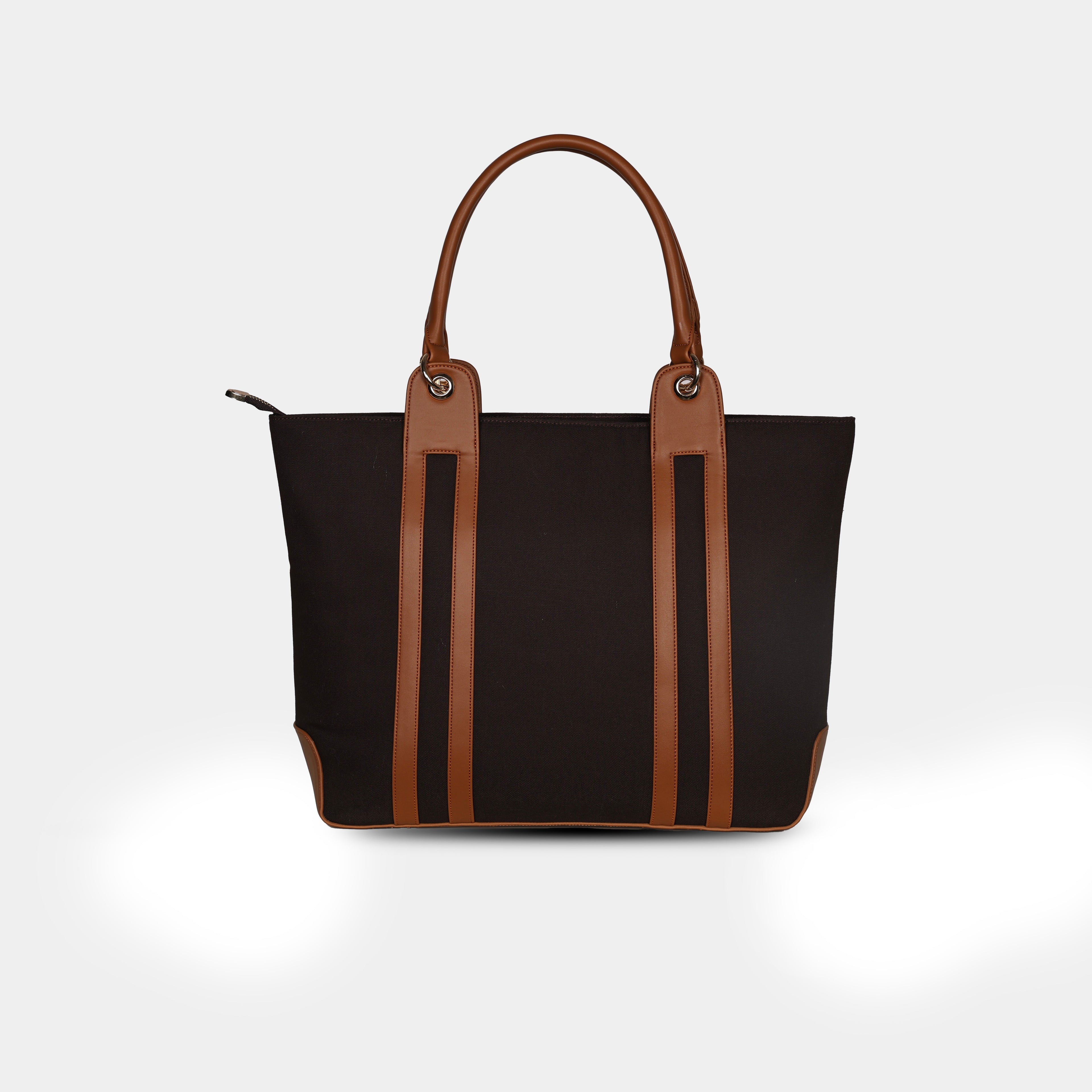 Back profile of brown canvas shoulder bag with reinforced corners