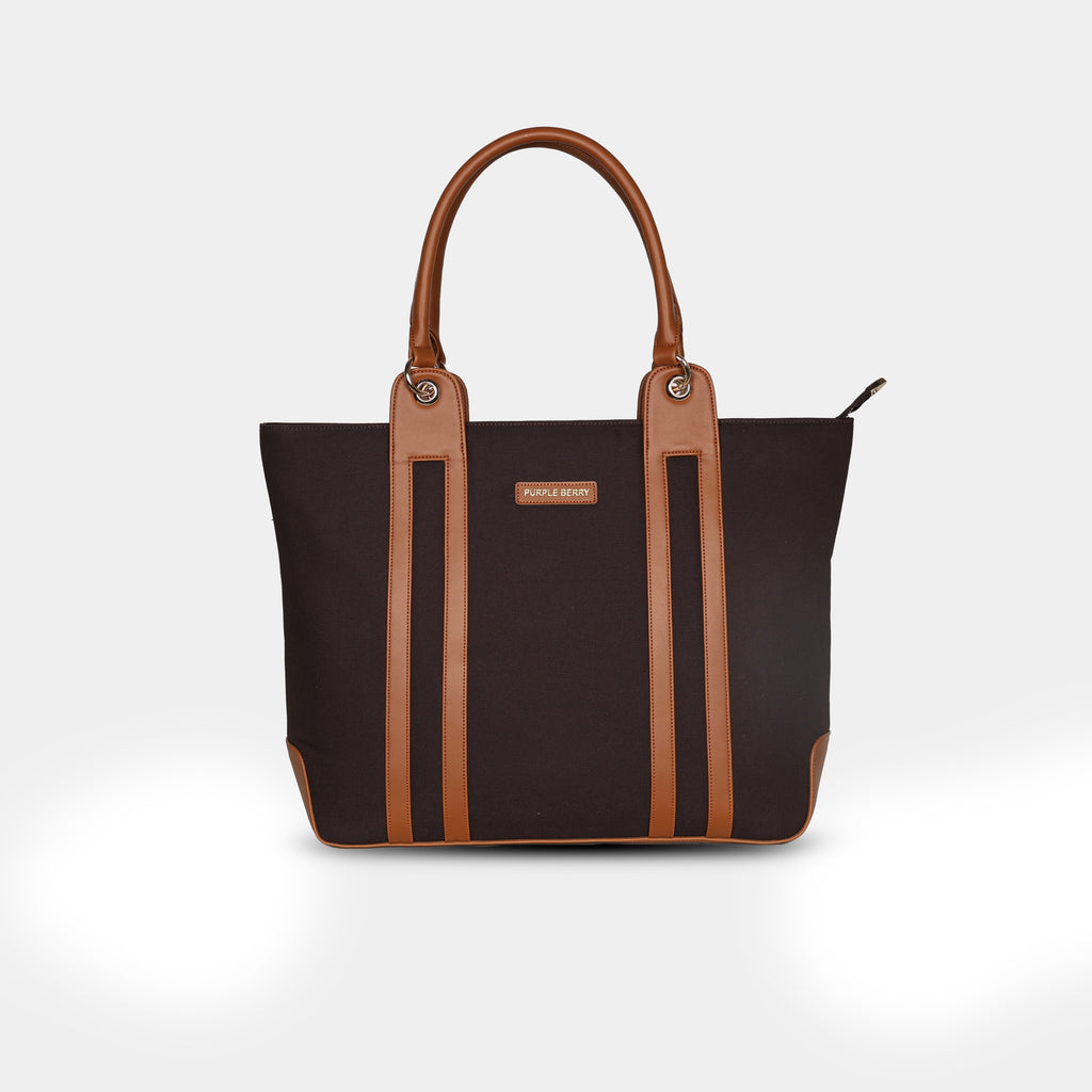 Brown Infinity canvas tote bag for women by PurpleBerry with vegan leather trim