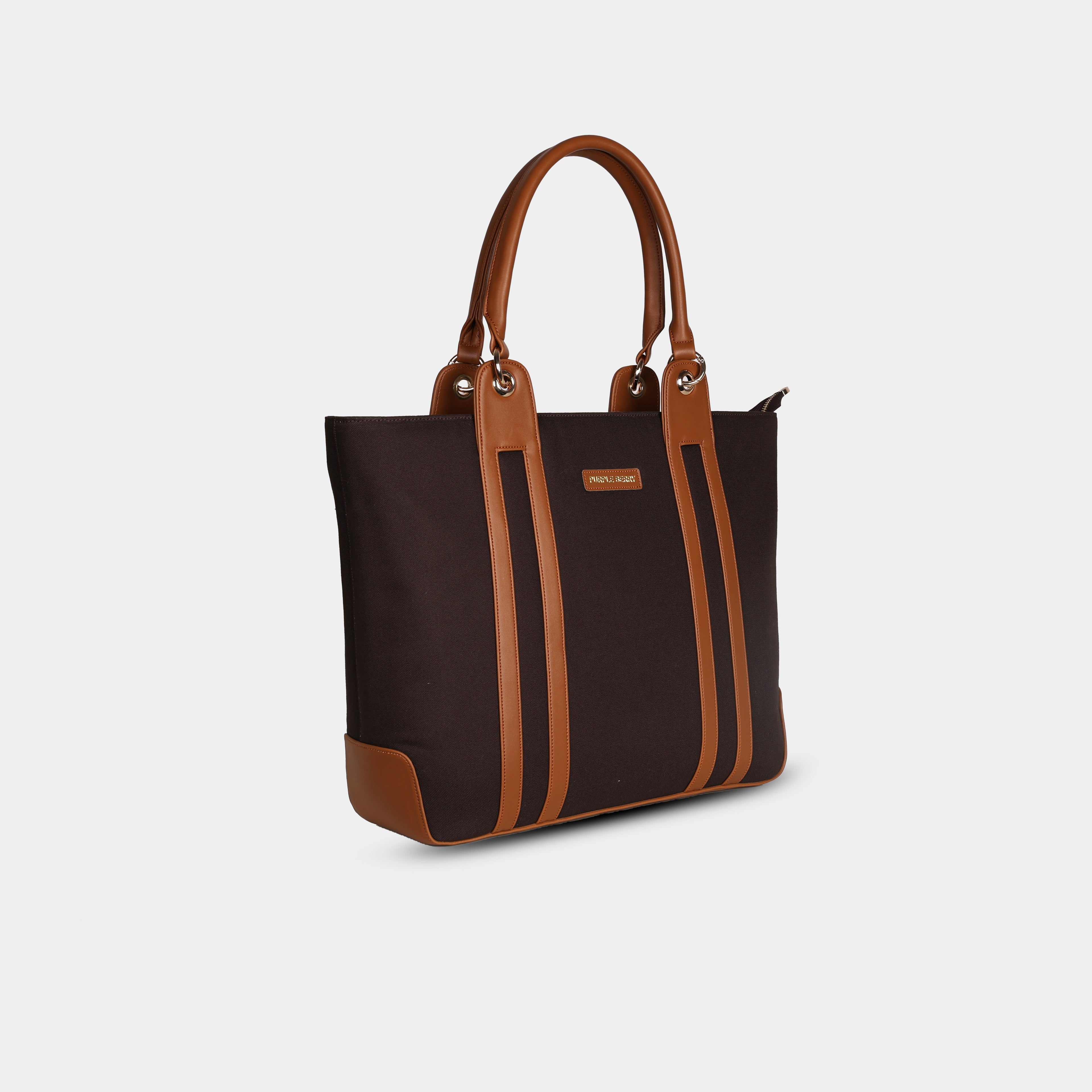 Side view of brown canvas work tote bag with gold hardware