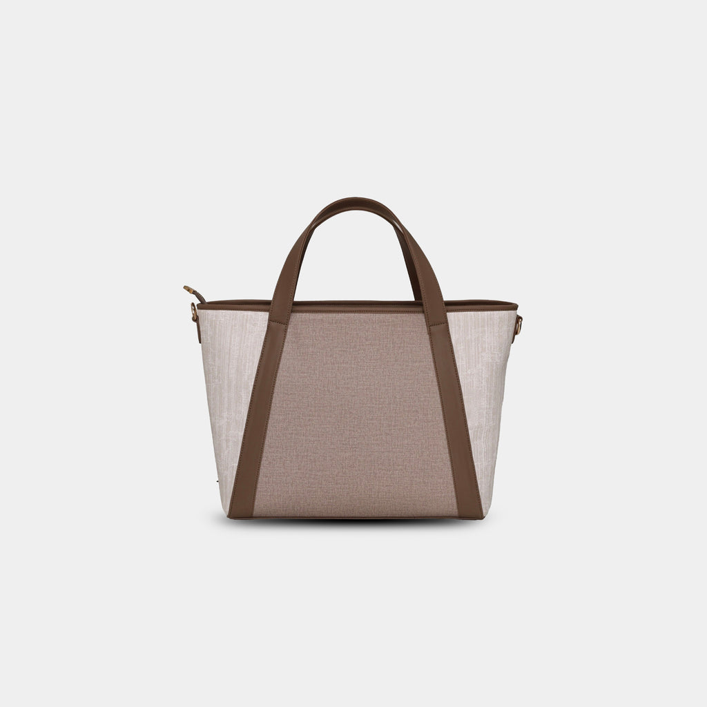 Structured beige office tote bag with dual handles back view