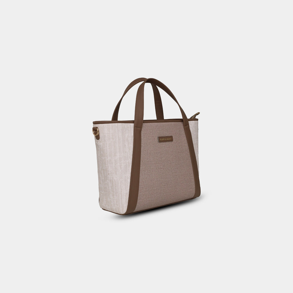 Side angle view of beige Lexie Office Tote with brown trim