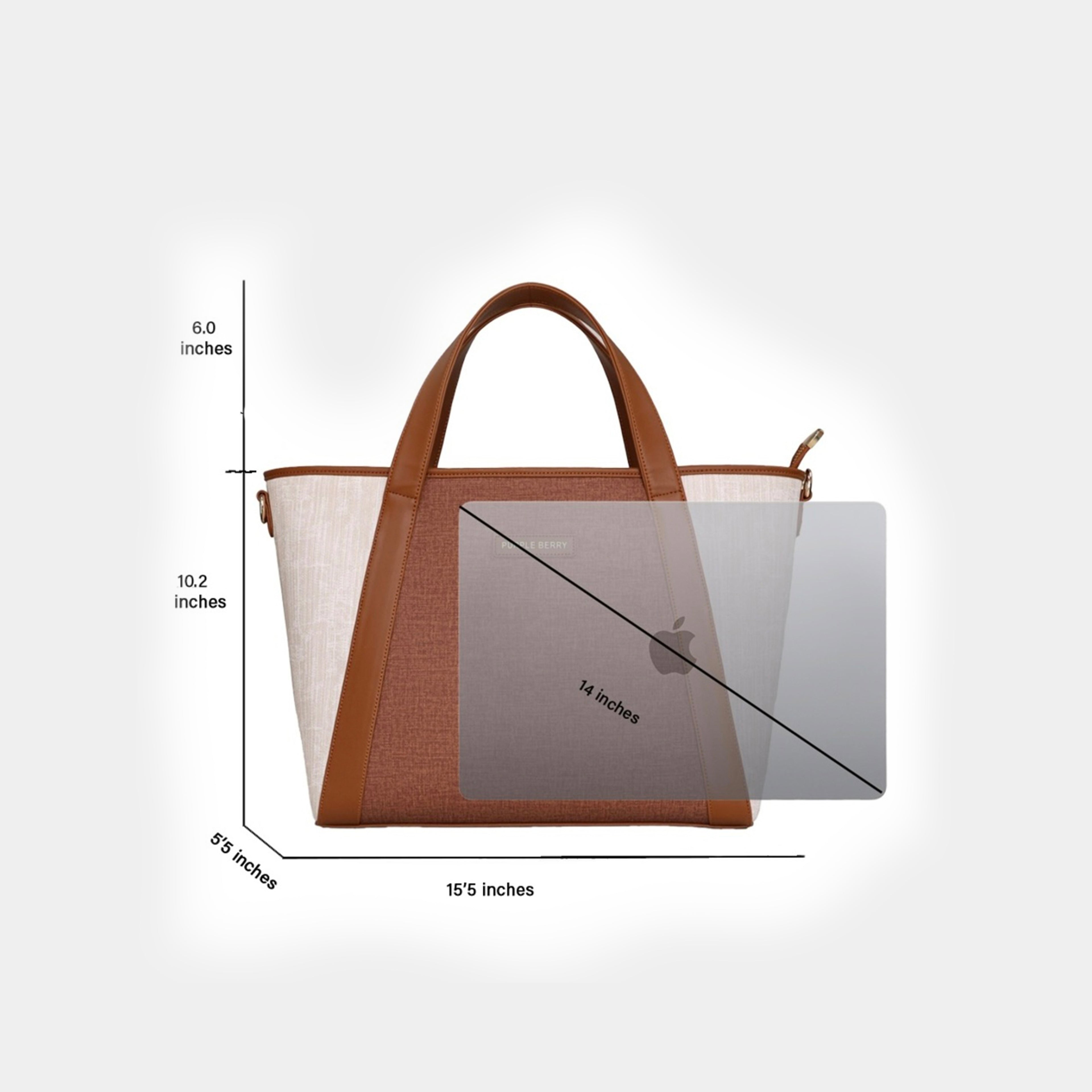 Brown Lexie Office Tote showing size dimensions and 14 inch laptop fit