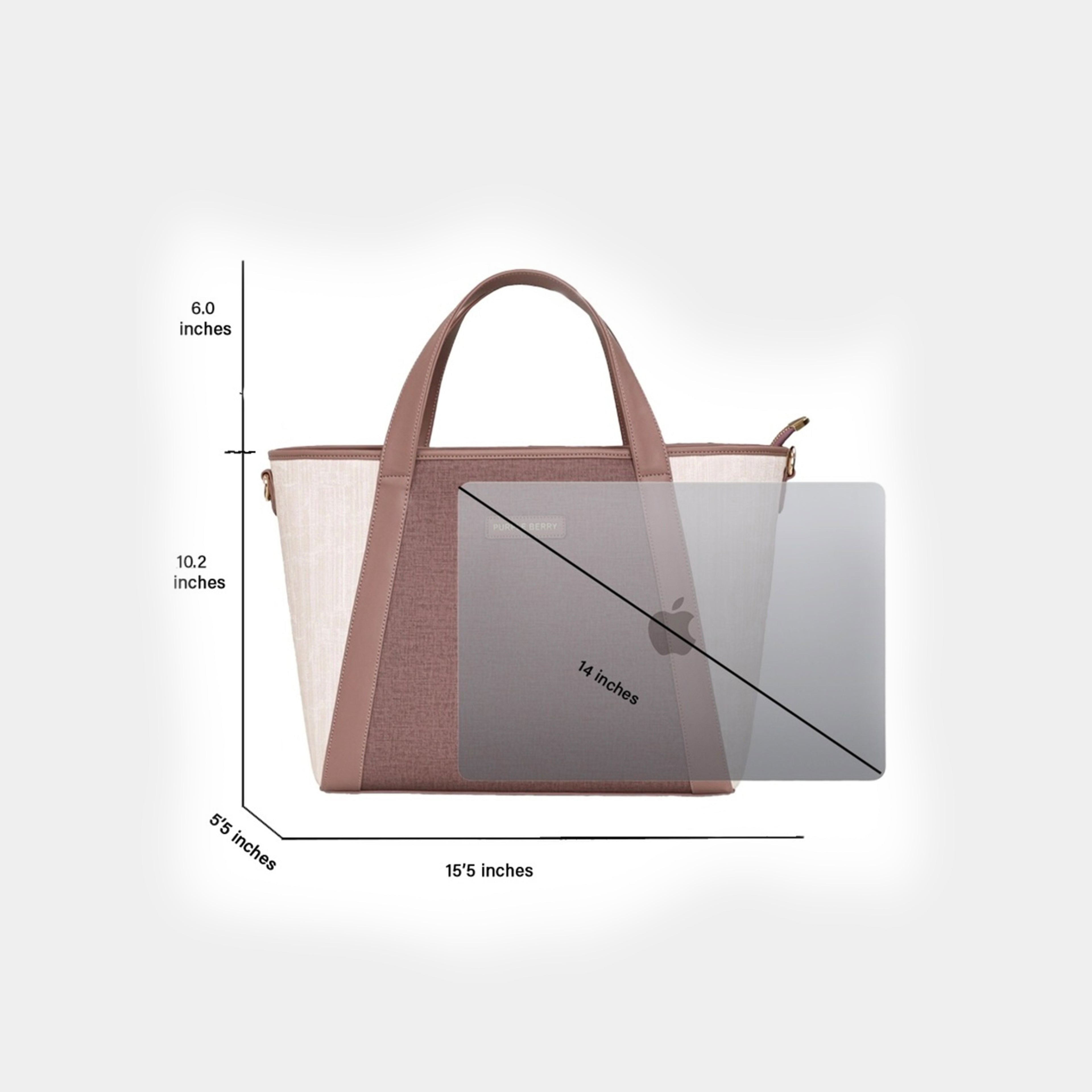 Grape Lexie Office Tote showing size dimensions and 14 inch laptop fit