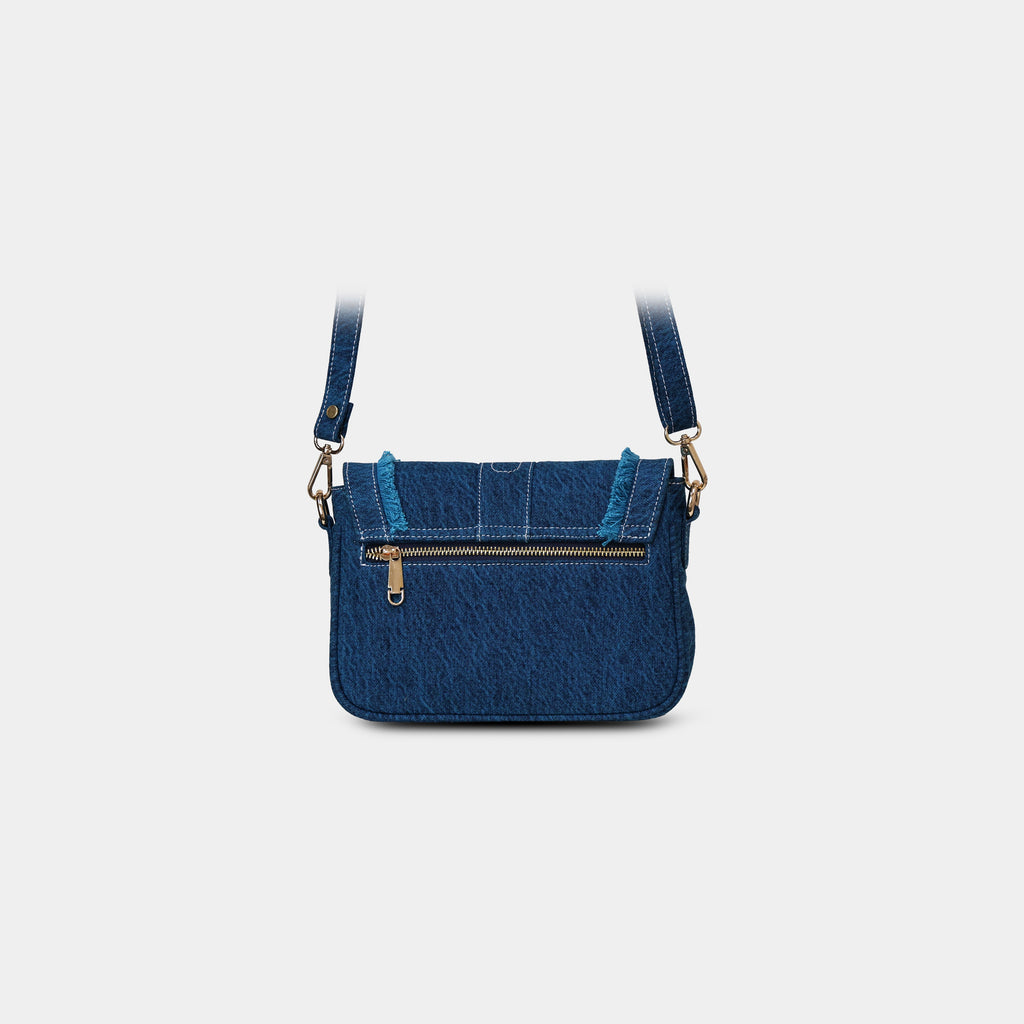 Back zipper pocket detail of Purpleberry Luna blue denim sling bag