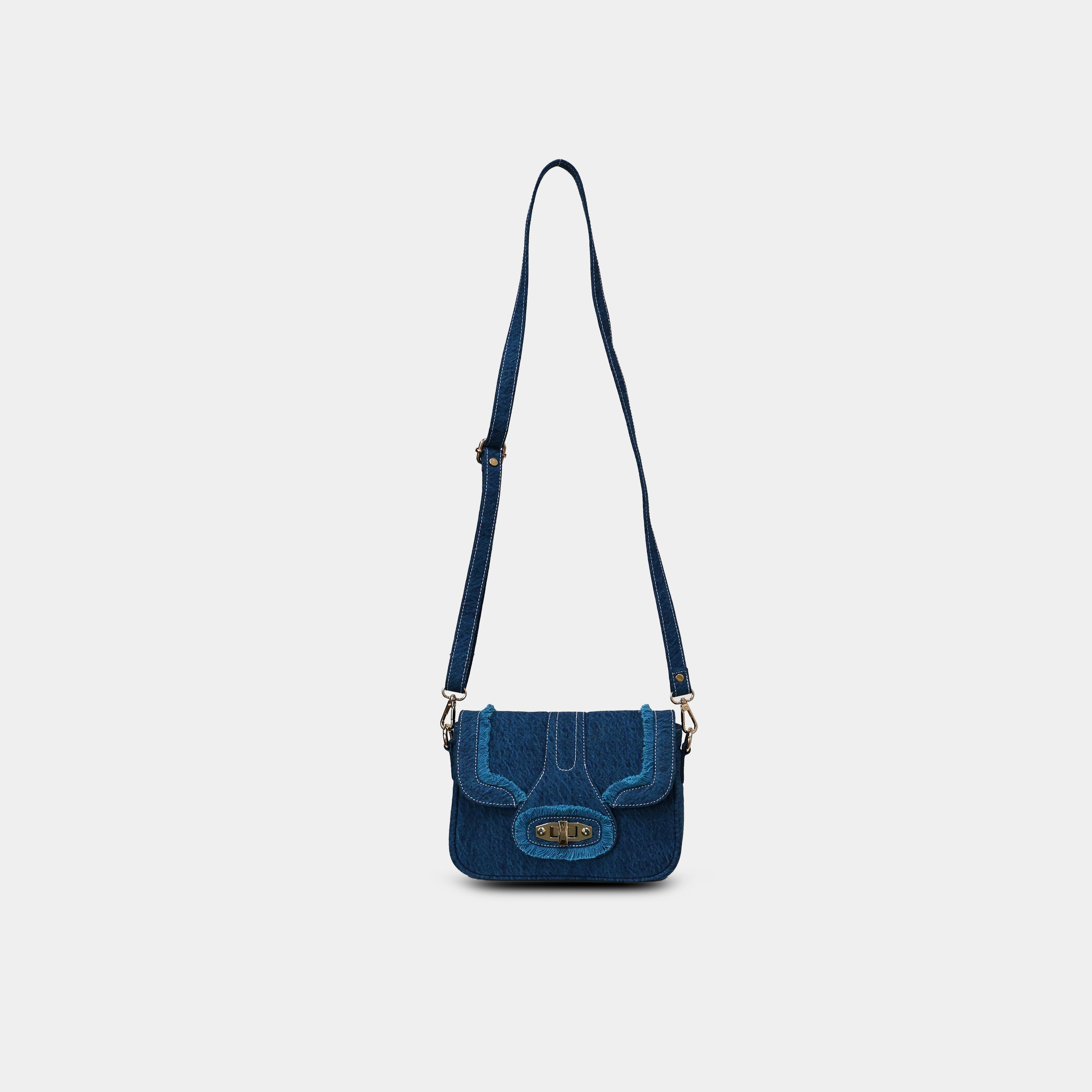 Purpleberry Luna blue denim sling bag with adjustable crossbody strap full view