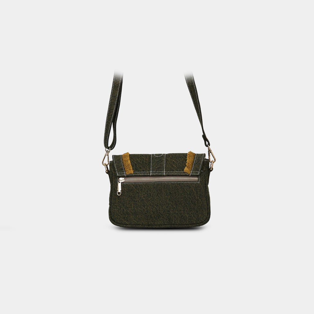 Back view of Purpleberry Luna green denim sling bag showing zipper pocket