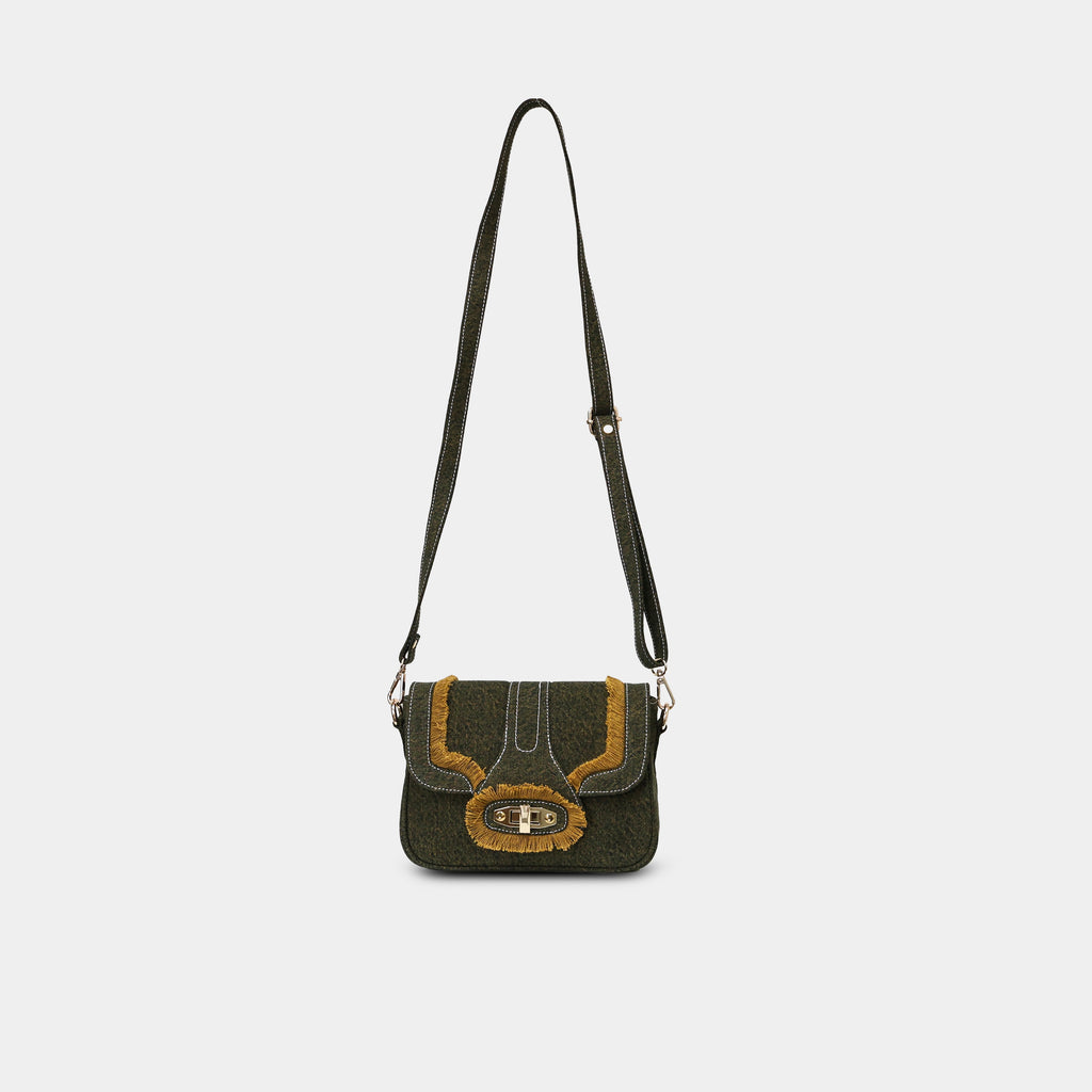 Purpleberry Luna green denim sling bag with adjustable crossbody strap full view
