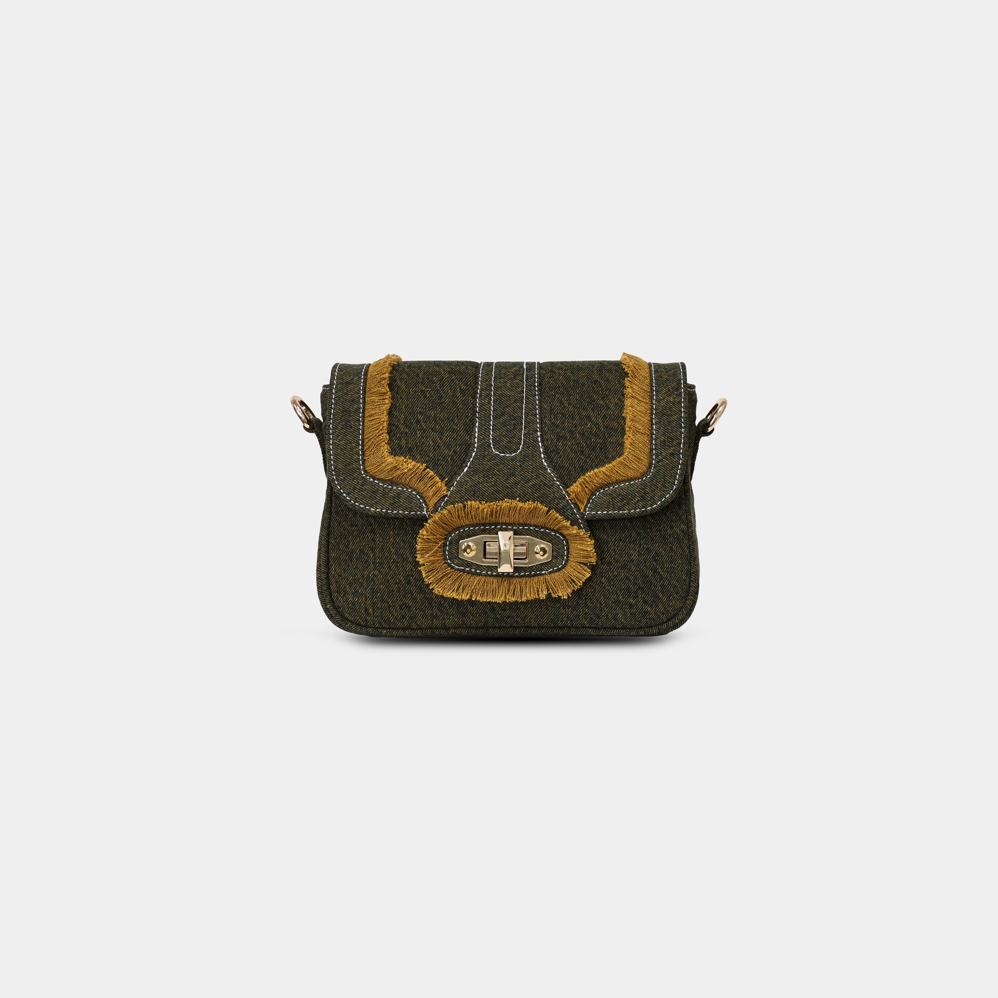Purpleberry Luna denim sling bag in green wash with fringe flap and gold rotating lock front view
