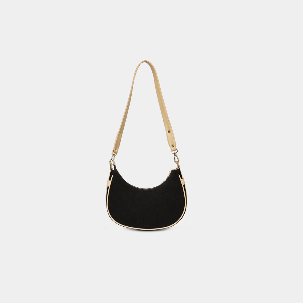 Centered back view of Purpleberry Moda black denim crescent sling bag