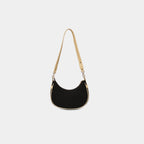 Centered back view of Purpleberry Moda black denim crescent sling bag