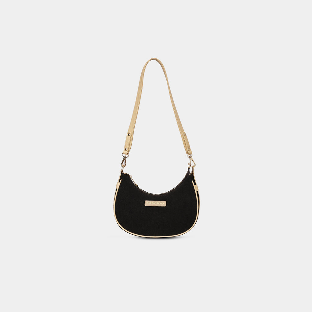 Purpleberry Moda black denim sling bag with adjustable shoulder strap full view